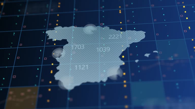 Country shapes with numbers on them on a digitally generated blue background with squares and dots.