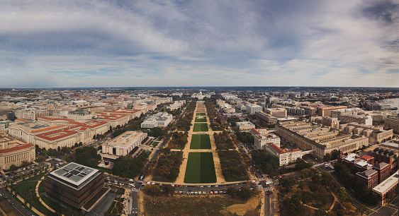 Washington DC from 500 foot height. Aerial view of downtown Washington, DC including the National Museum of African American History and Culture, The United States Capitol, Smithsonian National Museum of Natural History, National Gallery of Art, Hirshhorn Museum, Smithsonian National Air and Space Museum, National Museum of the American Indian. Evening. October 19, 2019. Washington DC. USA