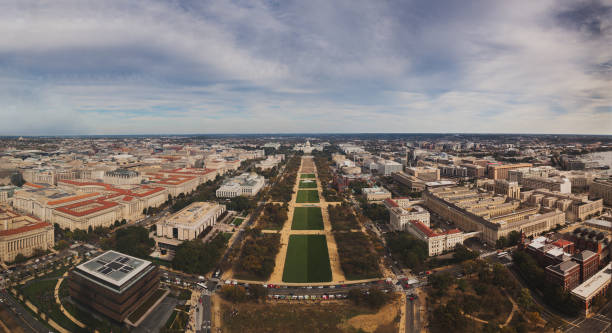 Unique aeral view from the top of Washington Monument (observation deck) to The United States Capitol Washington DC from 500 foot height. Aerial view of downtown Washington, DC including the National Museum of African American History and Culture, The United States Capitol, Smithsonian National Museum of Natural History, National Gallery of Art, Hirshhorn Museum, Smithsonian National Air and Space Museum, National Museum of the American Indian. Evening. October 19, 2019. Washington DC. USA lincoln memorial photos stock pictures, royalty-free photos & images