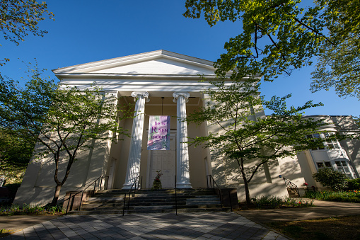 Princeton, USA - May 1, 2021. Nassau Presbyterian Church  in the campus of Princeton University, Princeton, New Jersey, USA.