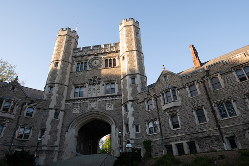 Princeton, USA - May 1, 2021. Clock tower in the campus of Princeton University, Princeton, New Jersey, USA.