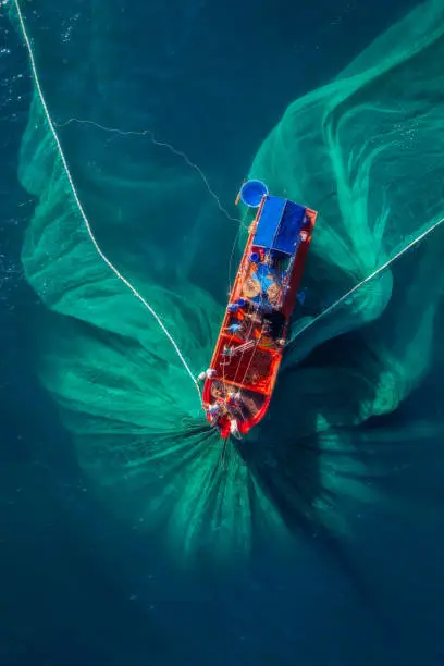 Drone view of fishing boat is netting on the sea, Phu Yen province, central Vietnam