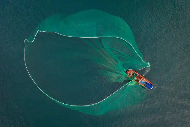 Drone view of fishing boat is netting on the sea, Phu Yen province, central Vietnam