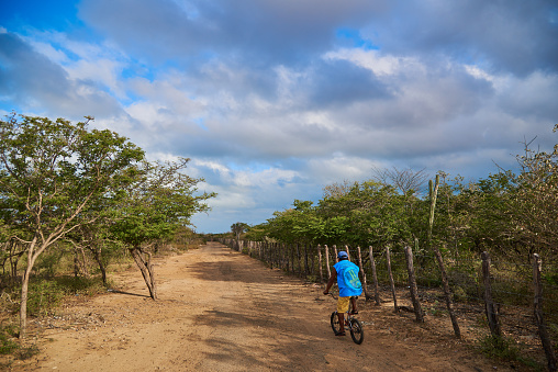 Man on a bicycle on a road with semi-desert vegetation in the Guajira peninsula. Department of La Guajira. Colombia. February 9, 2018.