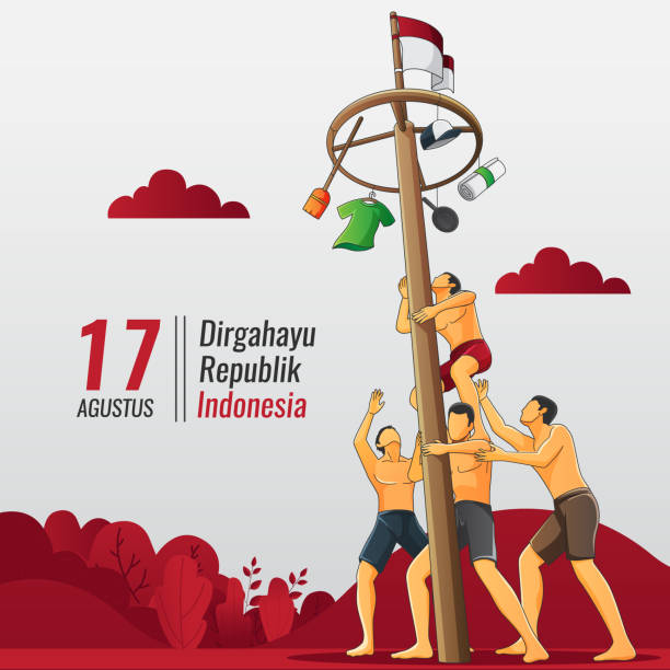 Indonesian Independence Greeting card with people playing pole climbing Indonesian Independence Greeting card with people playing pole climbing Number 17 stock illustrations