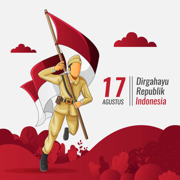 ilustraciones, imágenes clip art, dibujos animados e iconos de stock de tarjeta de felicitación independentista indonesia con soldado que lleva bandera indonesia - indonesia