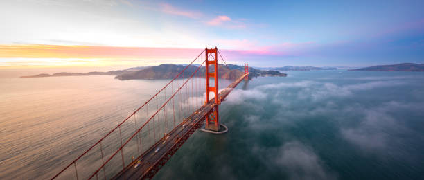 Golden Gate Bridge at Sunset Aerial View, San Francisco Golden Gate Bridge at Sunset Aerial View, San Francisco , California san francisco california stock pictures, royalty-free photos & images