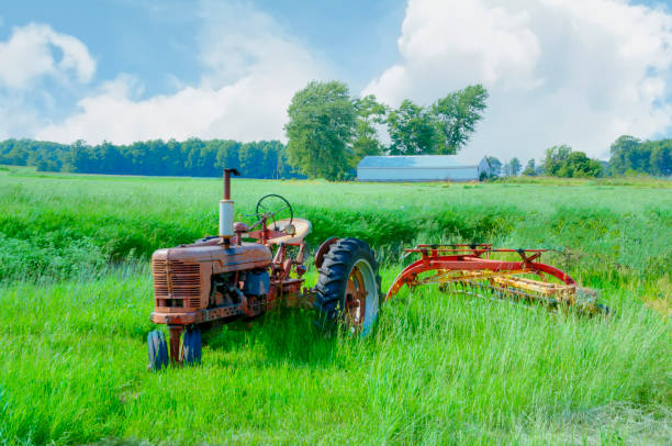 Place on copyspace against the background of a small walk-behind tractor for tillage in agriculture. Mini tractor on a blurred background close-up