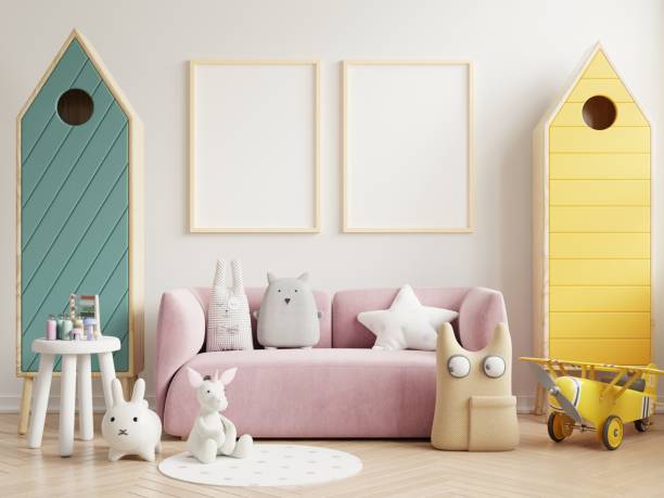 istock Mock up posters in child room interior, posters on empty white wall background. 1317196652
