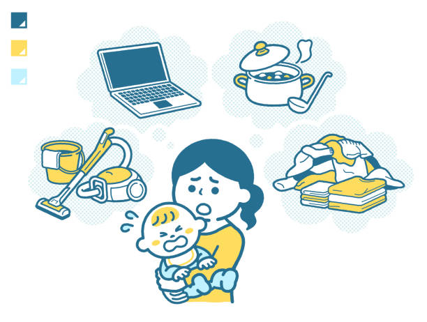 Mother busy with housework and childcare Mother busy with housework and childcare crying baby cartoon stock illustrations