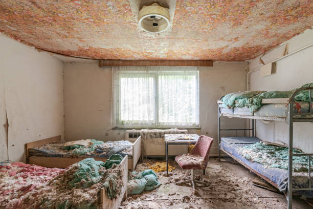 Dilapidated bedroom in pastel shades with fluff everywhere Dilapidated bedroom in pastel shades with fluff everywhere east germany photos stock pictures, royalty-free photos & images