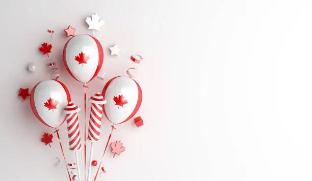 Happy Canada day decoration background with balloon firework maple leaves copy space text, 3d rendering illustration