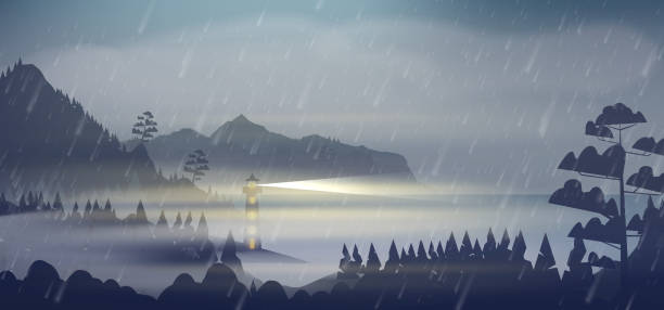 krajobraz wybrzeża z latarnią morską w burzy - lighthouse storm sea panoramic stock illustrations