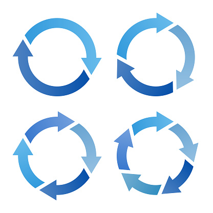 Set of blue rotating arrows. Circular design elements. Round reload arrow icon. Circle infographic.