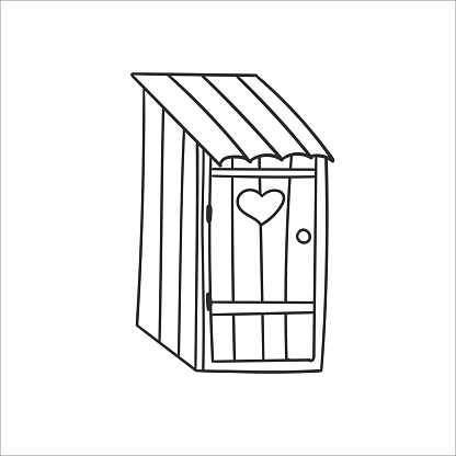 A rustic wooden toilet with a heart on the door. Vector illustration isolated on a white background.