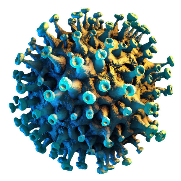 Microscopic view of a infectious SARS-CoV-2 virus cell isolated on white background.