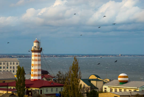 Makhachkala, Dagestan, Russia - October 28, 2008: View of a beacon and Caspian Sea