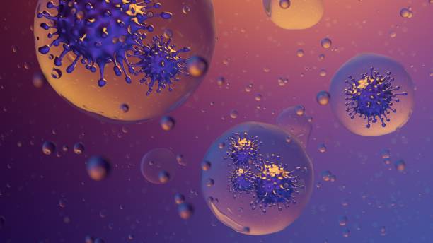 Visualization of aerosols with infectious SARS-CoV-2 virus cells. Coronavirus pandemic. Microscopic view of infectious SARS-CoV-2 virus cells. 3D rendering middle east respiratory syndrome stock pictures, royalty-free photos & images