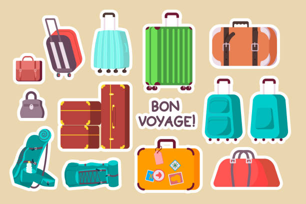 Cute sticky labels decorated with various Luggage Luggage stickers set. Cute sticky labels decorated with colorful backpack, handbag, suitcase, briefcase, travel bag. Flat Art Vector Illustration suitcase luggage old fashioned obsolete stock illustrations