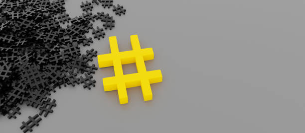 istock Hashtag Concept. Red hashtag near the stack of dark ones on a grey banner background. 3D Rendering 1317220126