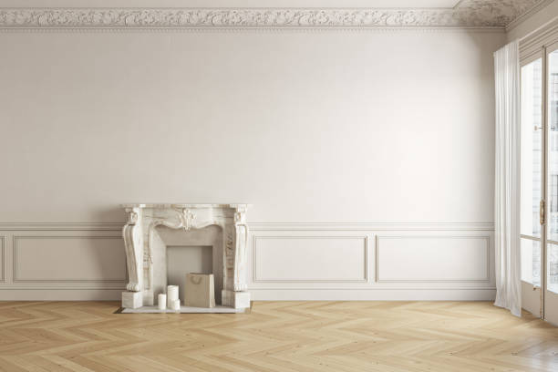 istock Classic white-beige blank wall empty interior with fireplace and moldings. 3d render illustration mockup. 1317220898