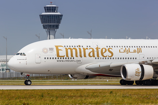 Munich, Germany - July 20, 2019: Emirates Airbus A380-800 airplane at Munich Airport (MUC) in Germany. Airbus is a European aircraft manufacturer based in Toulouse, France.