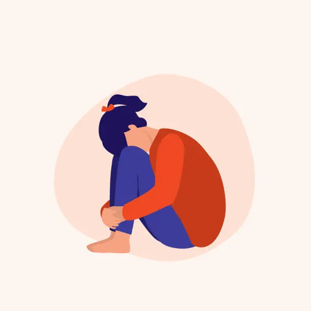 Vector illustration of Sad Girl Sitting. Social Issues Concept. Vector Flat Cartoon Illustration.