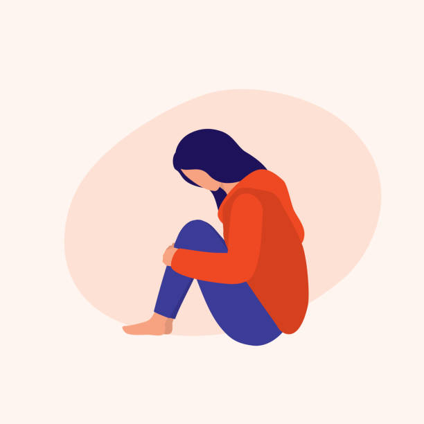 Young Sad Woman Sitting. Mental Illness Concept. Vector Flat Cartoon Illustration. Depression Woman Looking Down. face down stock illustrations