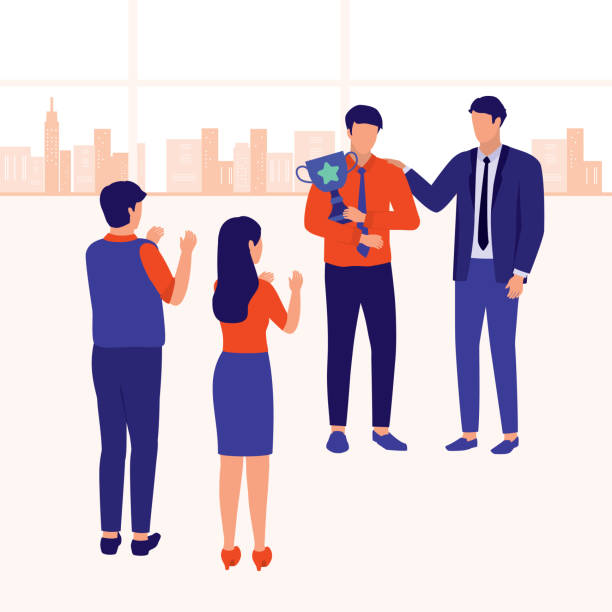 Young Male Employee Receiving Award. Staff Appreciation Concept. Vector Flat Cartoon Illustration. Manager Congratulating His Staff. Colleague Hands Clapping. four people office stock illustrations