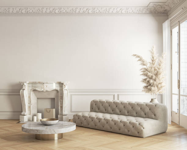 istock Classic white-beige interior with fireplace, sofa, coffee table and decor. 3d render illustration mockup. 1317221193