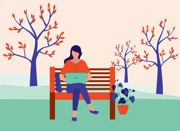 Vector illustration of Woman Working On Laptop In The Park. Lifestyle Concept. Vector Illustration Flat Cartoon.