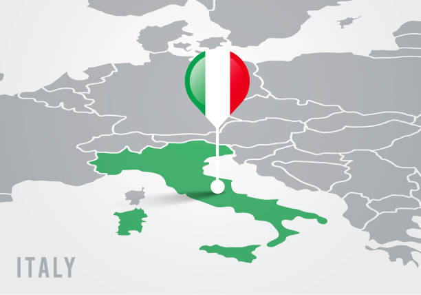 ilustrações, clipart, desenhos animados e ícones de mapa de illutração vetorial da europa com mapa italiano destacado e ponteiro bandeira italiana - papery