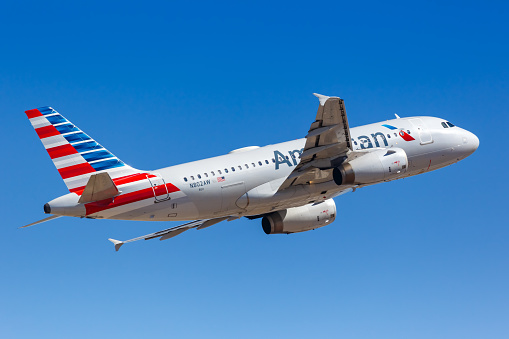 Phoenix, Arizona - April 8, 2019: American Airlines Airbus A319 airplane at Phoenix Airport (PHX) in Arizona. Airbus is a European aircraft manufacturer based in Toulouse, France.