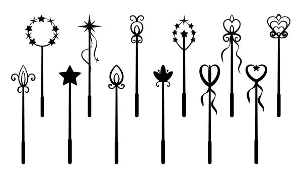 A set of magic wands or wands. Can be used as text separators. Silhouettes. A set of magic wands or wands. Can be used as text separators. Silhouettes sceptre stock illustrations