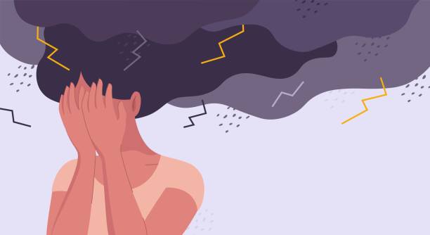 Conceptual stock vector illustration for psychology, mental distress, depression, exhaustion, burn out, fear, anger and mental problems. Stressed, unhappy girl or woman is under a storm of negative emotions with lightning and rain. Flat vector illustration angry clouds stock illustrations