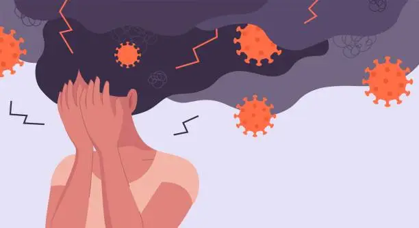 Vector illustration of Conceptual illustration for psychology, Corona, Covid-19, consequences of pandemic, mental distress, depression, burnout, fear, anger, joblessness and unenployment. Stressed and unhappy girl or woman is under a storm of negative emotions with lightning.