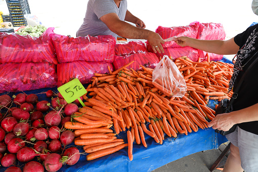 Woman buying fresh organic vegetables and fruits at the village bazaar market in Asia.