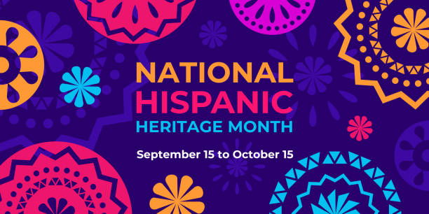 Hispanic heritage month. Vector web banner, poster, card for social media, networks. Greeting with national Hispanic heritage month text, Papel Picado pattern, perforated paper on purple background. vector art illustration