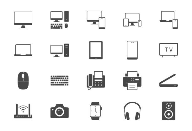 Technology glyph flat icons. Vector illustration include icon - computer, monitor, laptop, cellphone, router, fax, scanner, silhouette pictogram for electronic equipment Technology glyph flat icons. Vector illustration include icon - computer, monitor, laptop, cellphone, router, fax, scanner, silhouette pictogram for electronic equipment. computer silhouettes stock illustrations
