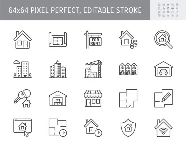Vector illustration of Real estate line icons. Vector illustration include icon - house, insurance, commercial, blueprint, townhouse, keys, shop outline pictogram for property agency 64x64 Pixel Perfect, Editable Stroke