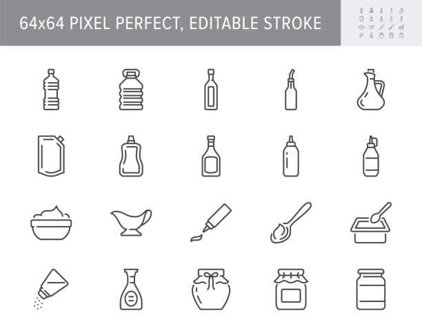 ilustrações de stock, clip art, desenhos animados e ícones de sauces line icons. vector illustration include icon - jug, cup, vinegar, mayonnaise, ketchup, sour cream, cheese sauce, outline pictogram for food spice. 64x64 pixel perfect, editable stroke - saleiro de mesa