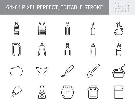 Sauces line icons. Vector illustration include icon - jug, cup, vinegar, mayonnaise, ketchup, sour cream, cheese sauce, outline pictogram for food spice. 64x64 Pixel Perfect, Editable Stroke.