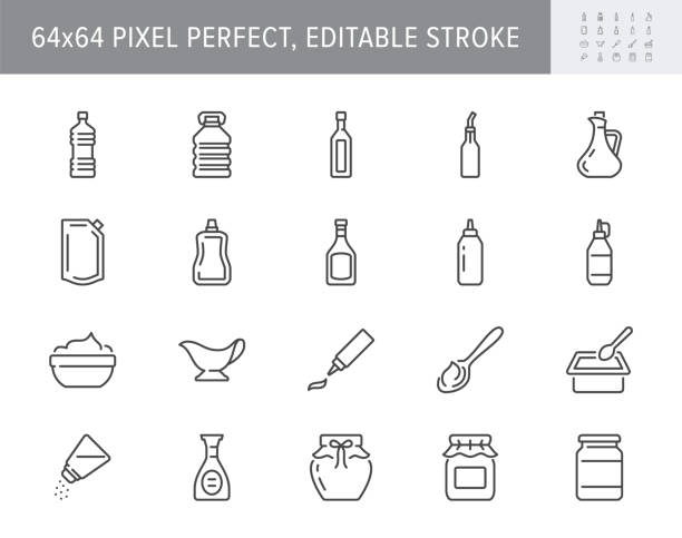 Sauces line icons. Vector illustration include icon - jug, cup, vinegar, mayonnaise, ketchup, sour cream, cheese sauce, outline pictogram for food spice. 64x64 Pixel Perfect, Editable Stroke Sauces line icons. Vector illustration include icon - jug, cup, vinegar, mayonnaise, ketchup, sour cream, cheese sauce, outline pictogram for food spice. 64x64 Pixel Perfect, Editable Stroke. condiment stock illustrations