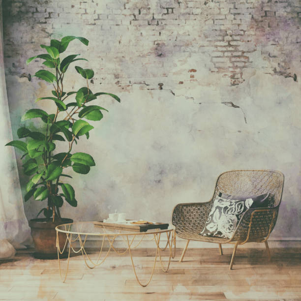 Watercolor effect on a 3D render of empty retro interior with 70s decoration