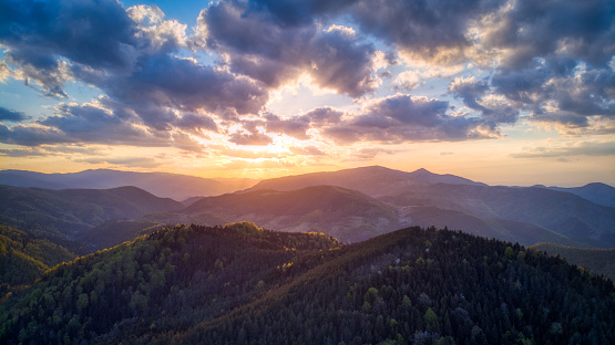 Mountain Stolovi, Serbia. Photo of a mountain range, from above, during the sunset. Drone photo.