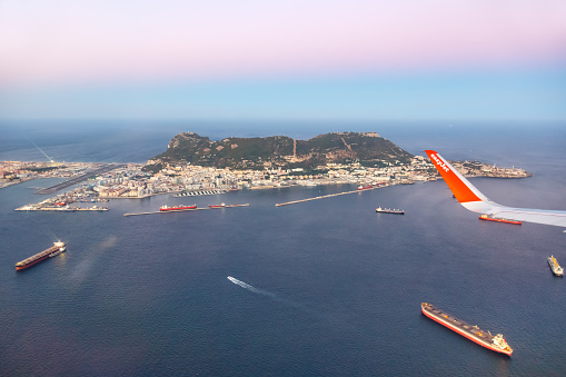 Gibraltar - July 30, 2018: Overview of Gibraltar Airport (GIB) aerial view.
