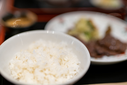 Gyuu-Tan/Ox tongue dishes are a specialty of Sendai. Close up of Mugi-meshi.