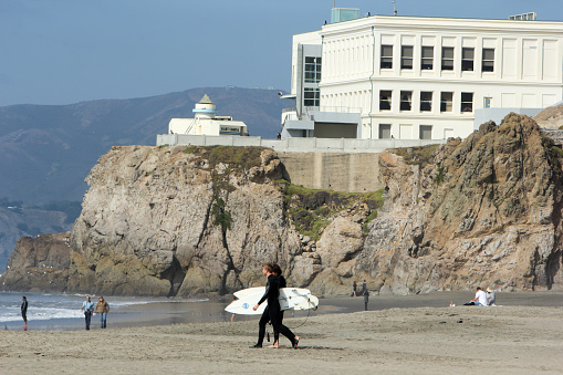 San Francisco, United States - October 7, 2011: Surfers walk towards the Pacific at Ocean Beach, in front of Cliff House, in California. The beach has not recorded any shark attacks, despite the fact it is near a seal colony and sharks are sighted just off shore by surfers fairly regularly.