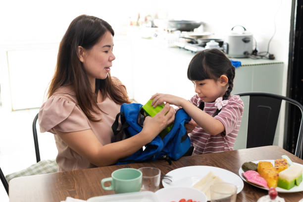 Mother preparing homemade sandwich lunch box for daughter before sending her to school re-open day in the morning Young Asian mother preparing healthy lunch box for her daughter in the kitchen. Daughter keeping the lunch box in her school bag and get ready to go to school re-open day in early morning. Care Package by chinese mom stock pictures, royalty-free photos & images