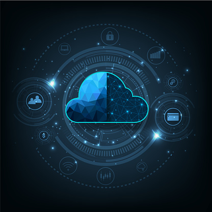 Technology Cloud computing concept.Cloud storage with data protected exchange  Cloud computing, big data center, on dark blue background.Cloud Technology illustration concept.